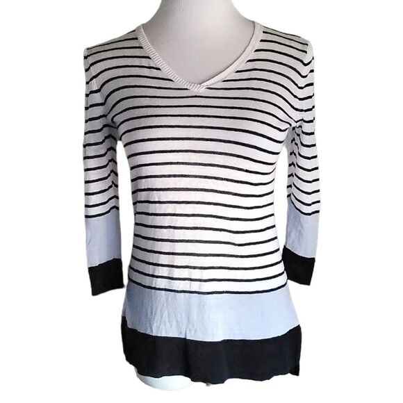 Talbots Petite White Striped V-Neck 100% Linen Long Sweater Pullover Size P - Picture 1 of 8